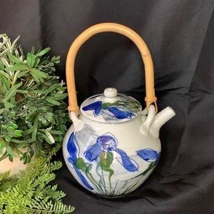 Beautiful hand made, painted and signed artisan pottery teapot with blue flowers